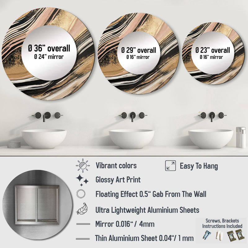 Quasheema Gold Embracing Essence Of Lines II - Marble Wall Mirror, Modern Round Decorative Mirror, Printed Metal Art