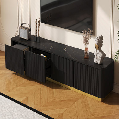 Meuble télé de luxe cannelé pour téléviseur de 85 po ou moins, console multimédia en faux marbre avec 4 tiroirs, profil incurvé, meuble audio-vidéo moderne avec base dorée pour le salon