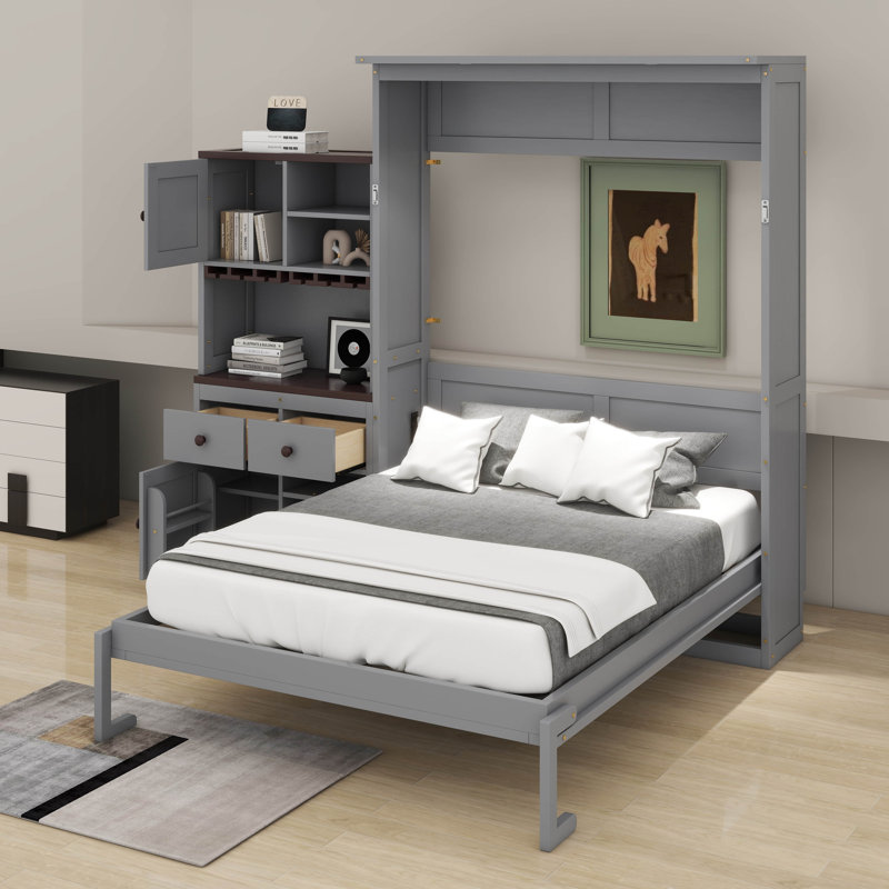 Grand lit escamotable avec armoire de rangement, tiroirs et bande DEL multicolore, Gris