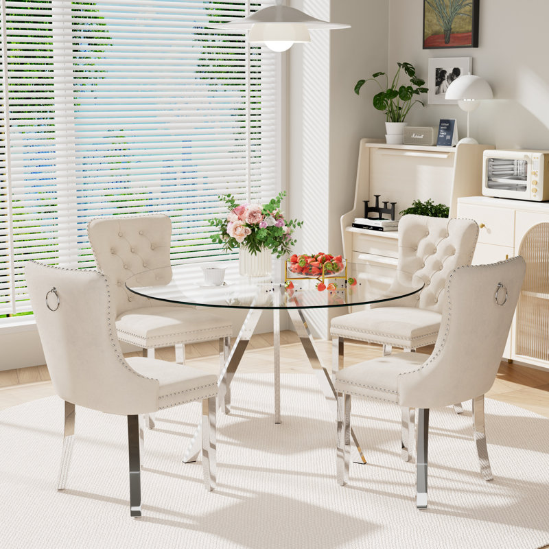 Round Dining Table Set for 4, Beige, 30" H x 47" W x 47" D