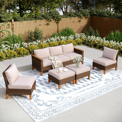Argyri 7-Piece Wicker Outdoor Patio Furniture Set, Sectional Patio Set with Fire Pit Table