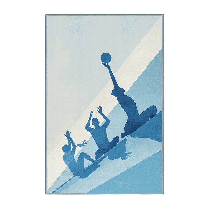 Machine Washable Takengon Sitting Volleyball Minimalist Rug in Blue – SkyBlue Binding, 5x8