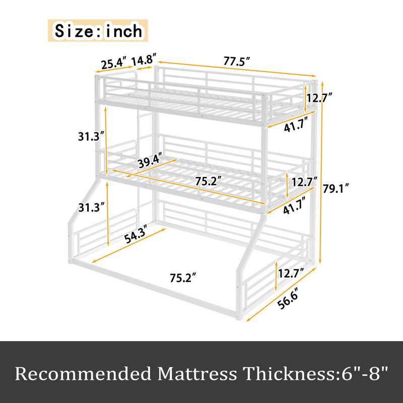 Twin Over Twin Over Full Bunk Bed, White