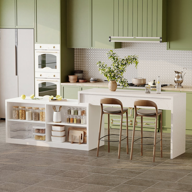 60.4" W White  Stretchable Stationary Kitchen Island Table With Painted Stone Countertop & Extended Dining Table