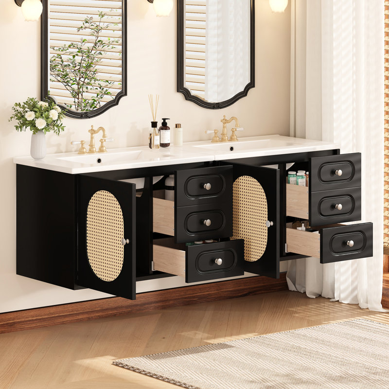 Meuble-lavabo de salle de bain 24 po Wireman, lavabo en céramique lustrée, deux tiroirs, rangement bien organisé, portes à fermeture en douceur à extension complète Mid-Century, structure stable
