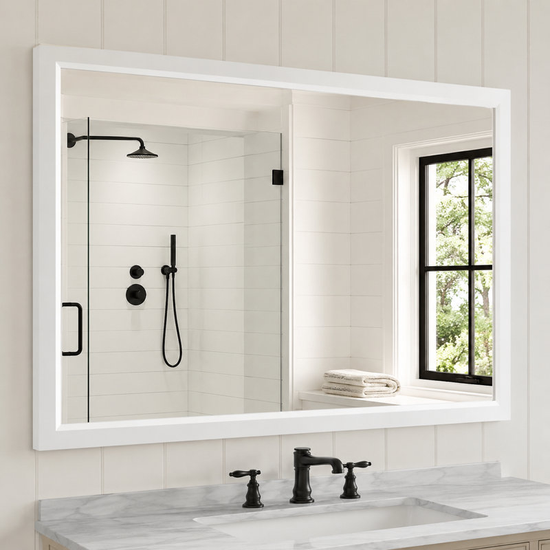 Miroir de salle de bain en verre trempé avec cadre en aluminium blanc et bord biseauté, 40" x 30"