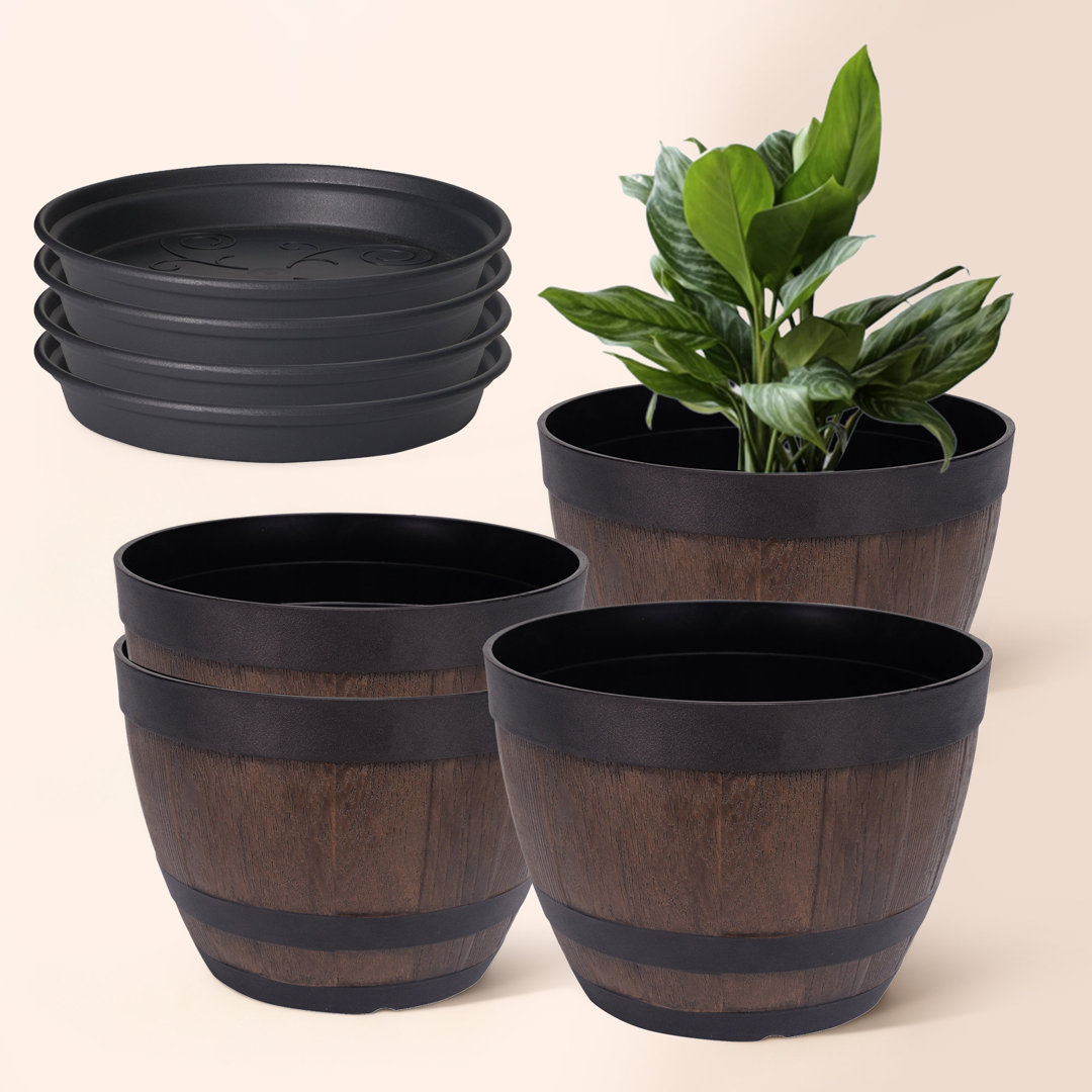 Ashayla 4 Pack 11.8 Inch Plant Pots Whiskey Barrel Planters Pots With Drainage Holes & Saucer Tray for Indoor & Outdoor Garden Home Plants (Set of 4) Millwood Pines