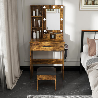 Table de coiffeuse avec miroir et lumières DEL réglables, prise de courant, support pour séchoir à cheveux et tabouret - Coiffeuse compacte pour petites chambres (rétro)