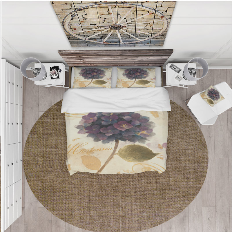 Ensemble de housse de couette hortensia fleur i abondante, Housse simple + 1 taie décorative, Beige / mauve