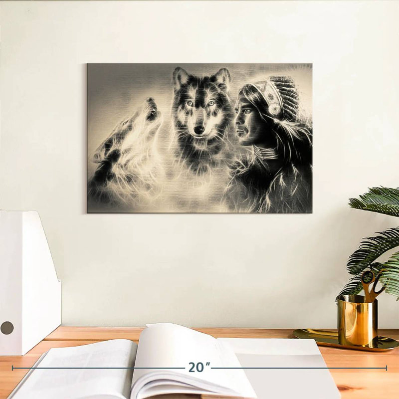 Leisha Native American Wolf Warrior, 8" H x 12" W