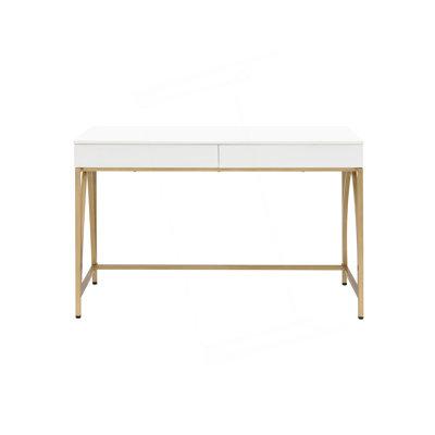 Addilynn 2-Drawers Vanity Desk in White High Gloss and Gold