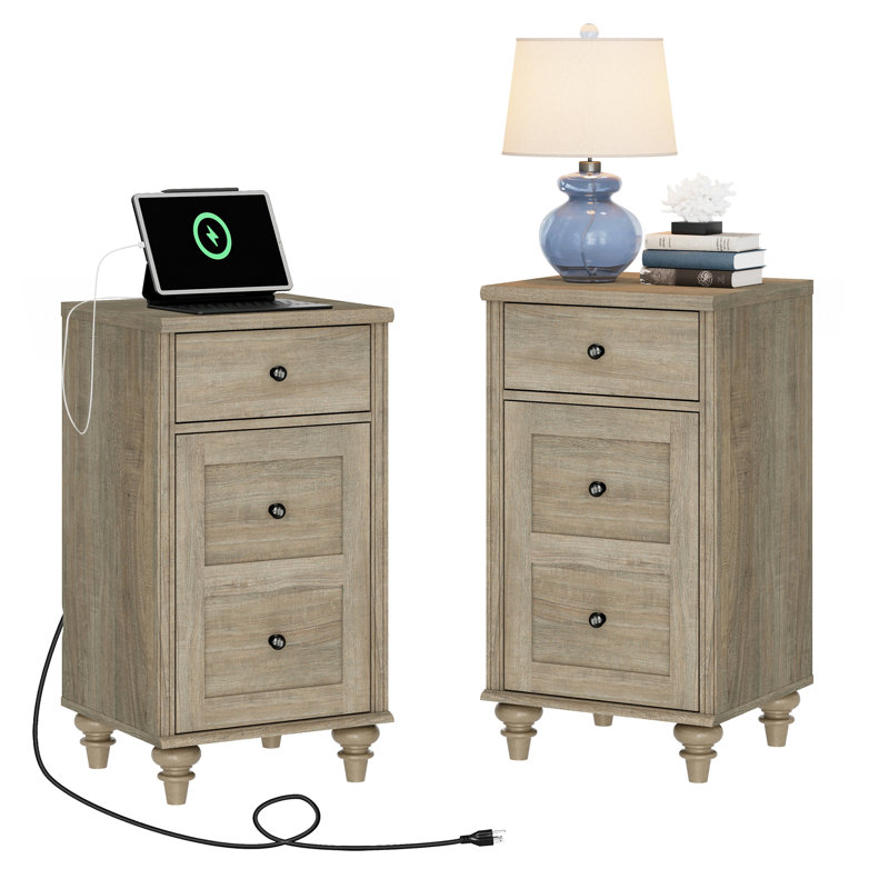 Scarlett Nightstand Set With Storage And Built-In Outlets (Set Of 2), Wash Gray/Wash Gray