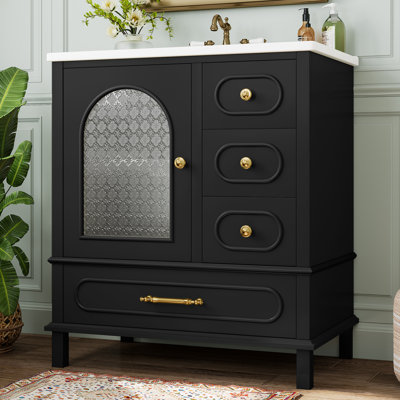 30" Bathroom Vanity With Sink, Free Standing Single Vanity Set With 3 Storage Drawers And Semi-Transparent Cabinet Door, Wood Cabinet With Ceramic Basin For Bathroom,Black