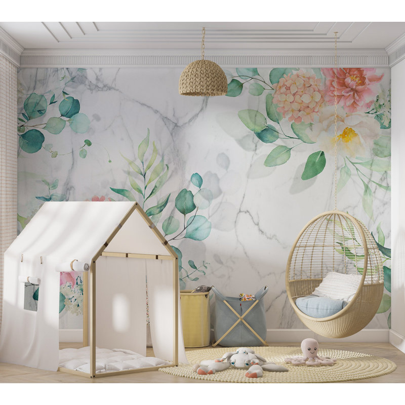 Murale florale pelez et collez - Marbre fleuri, L 68 po x l 96 po