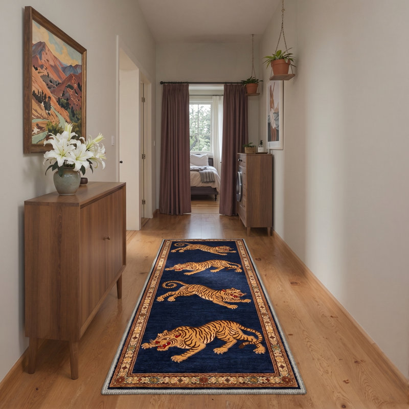 Abrahamson Tigers Geometric Machine Washable Blue / Yellow Indoor Area Rug with Non-Slip Backing, Runner 2'3" x 6'