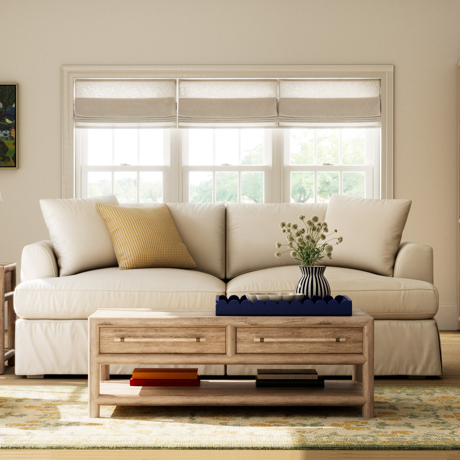 Hindley Hand-Crafted Rectangular Scalloped Wood Tray, Light Blue