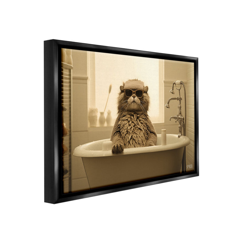 "Cool Cat In Bathaign" par RB sur toile, Cadre flottant noir de jais, H 25 po x l 31 po