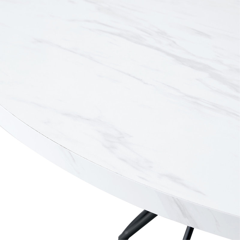 A Circular Dining Table With A Diameter Of 47.3 Inches, Composed Of 4 White Marble Patterned MDF Boards,Black Hourglass Shaped Metal Brackets,And A Modern Industrial Style Dining Table For 4-6 People.