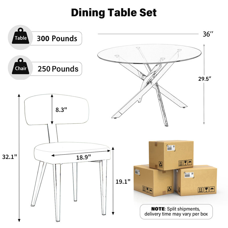 Modern Tempered Glass Dining Table Set With PU Leather Chairs, 36/47-Inch Kitchen Dining Set For 2/4/6 People, Contemporary Easy-To-Clean Dining Furniture Set