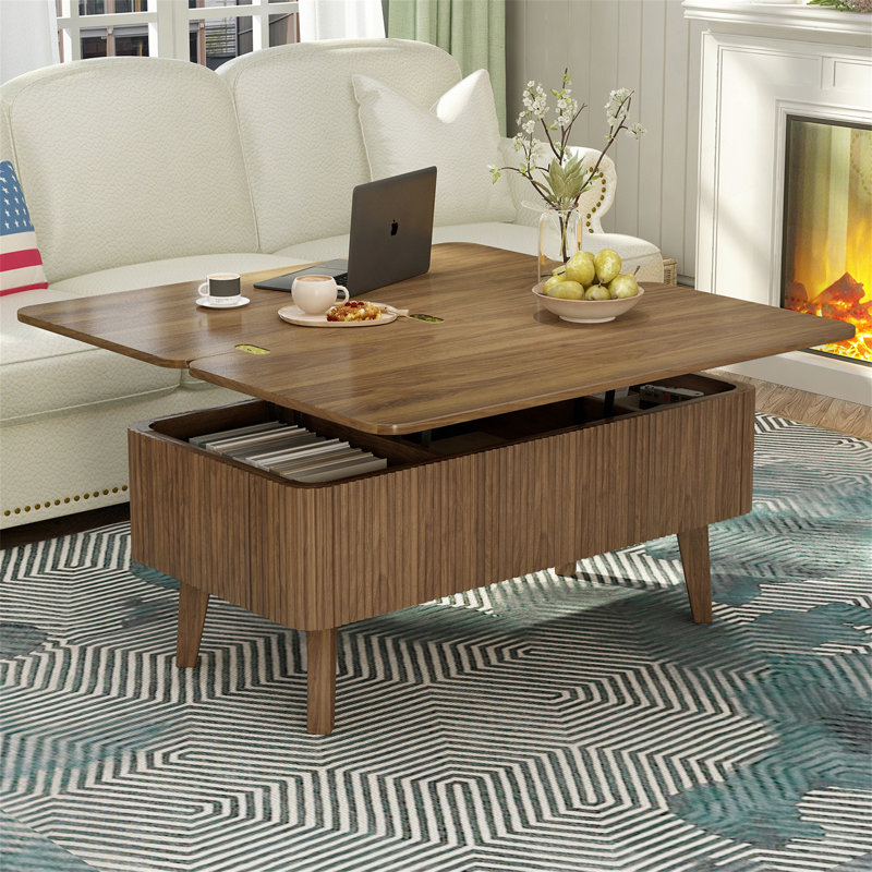 Table basse à plateau relevable 3 en 1, conception convertible cannelée pour la salle à manger et le rangement, parfaite pour les espaces de vie modernes