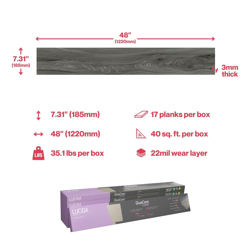 GlueCore Classic 22mil x 7.3" W x 48" L Glue Down Vinyl Tile Flooring, Harbor Gray
