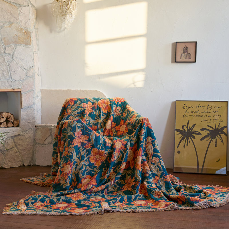  100% Cotton Throw Blanket with Tassels, William Morris Soft Breathable Woven Quilt with Floral & Botanical Bird for Couch, Sofa & Bed - Decorative Farmhouse Knit Blanket All Season