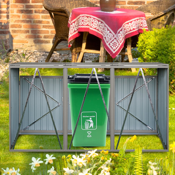 HOA.WWC Metal Outdoor Garbage Bin Shed For 3 Trash Cans Gray,stainless ...