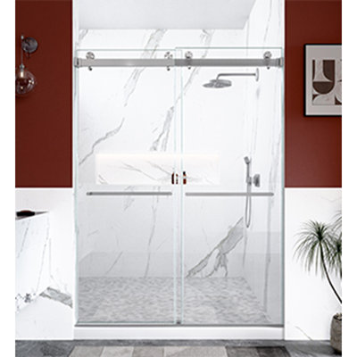 Frameless Double Sliding Shower Door, 56-60 Inch Width, 3/8 Inch Thick Tempered Glass, Brushed Nickel Finish