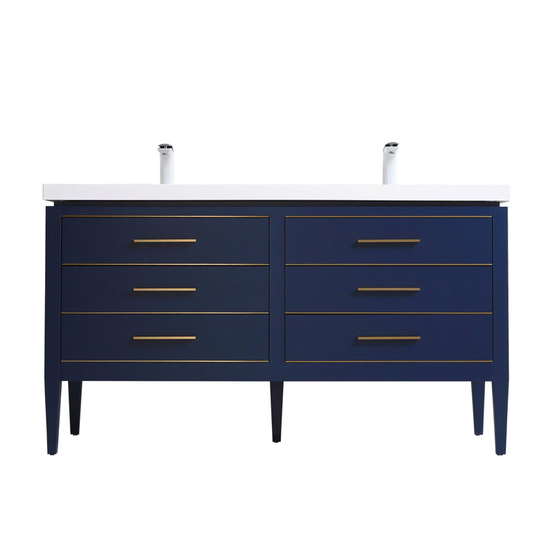 Alonsa 61" Double Bathroom Vanity with Resin Top, Blue/Brass, Double