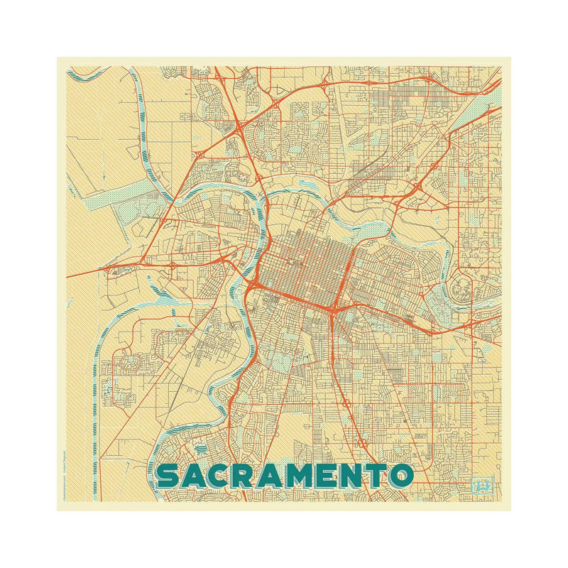Sacramento Retro Urban Blueprint Map 1 Piece Wrapped Canvas Painting, 93.98 cm H x 93.98 cm W x 1.91 cm D