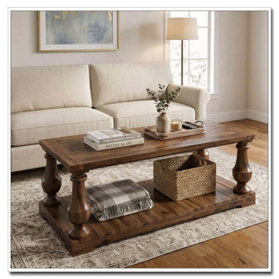 Farmhouse Coffee Table with 2-Tier Storage and Turned Legs