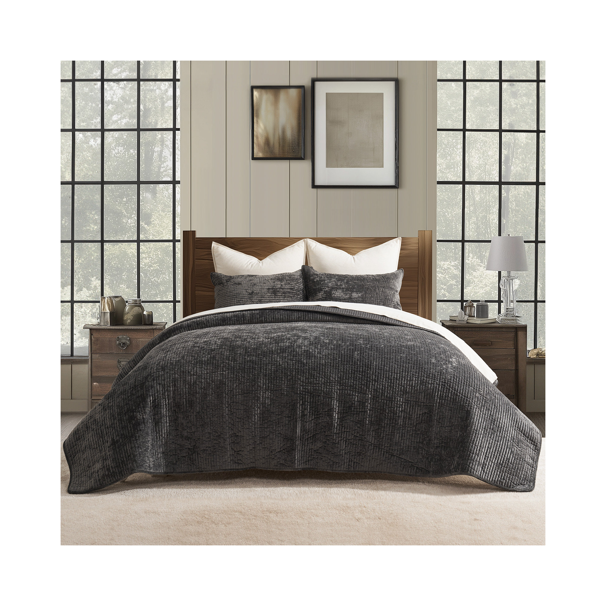 Striped Channel Velvet Quilt Set, Queen, Washed Black