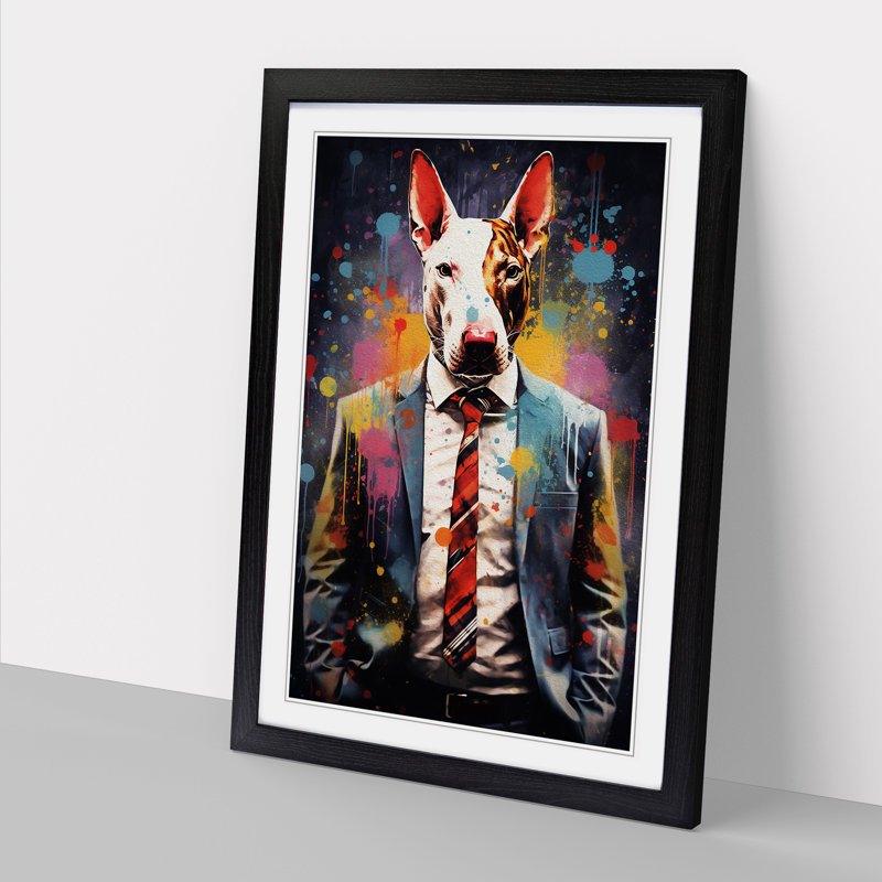 English Bull Terrier Tachisme - Single Picture Frame Print on Wood, 64cm H x 46cm W, Black Framed