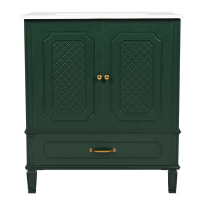 [Vidéo] Meuble-lavabo de 30 po avec lavabo style rétro, espace de rangement multifonctionnel, tablette de porte, porte à fermeture en douceur, vert (même numéro de pièce: N759P218644F)