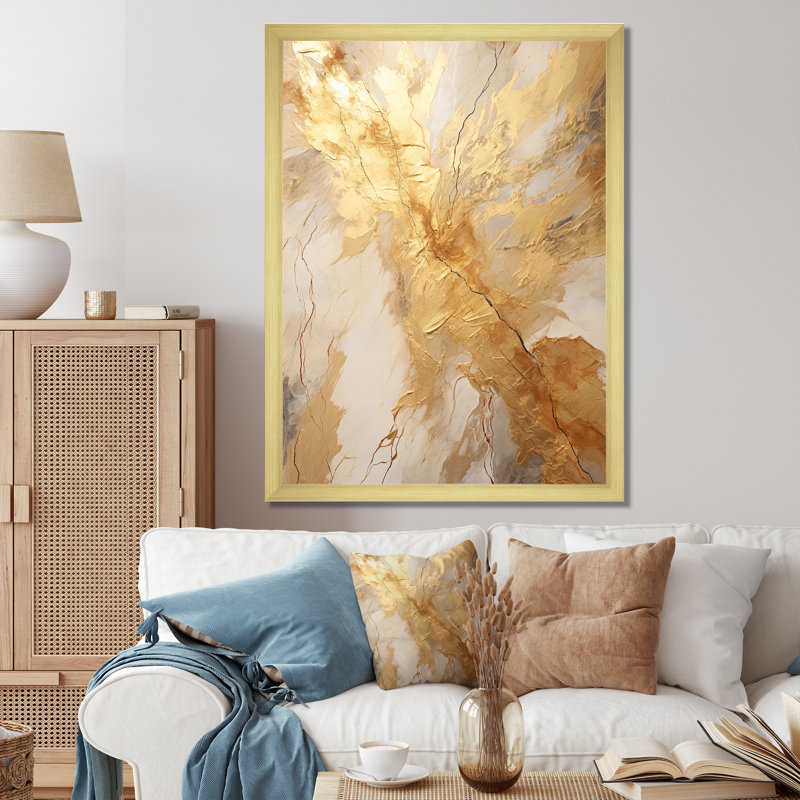 Éclairage marbré beige et doré - reproductions d'art murales abstraites, H 44 po x l 34 po x P 1,5 po, Cadre doré simple
