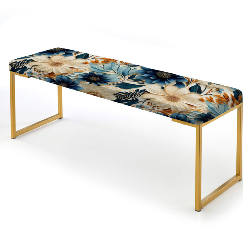 Upholstered Gold Bench, Boho White Blue Hibiscus Flowers