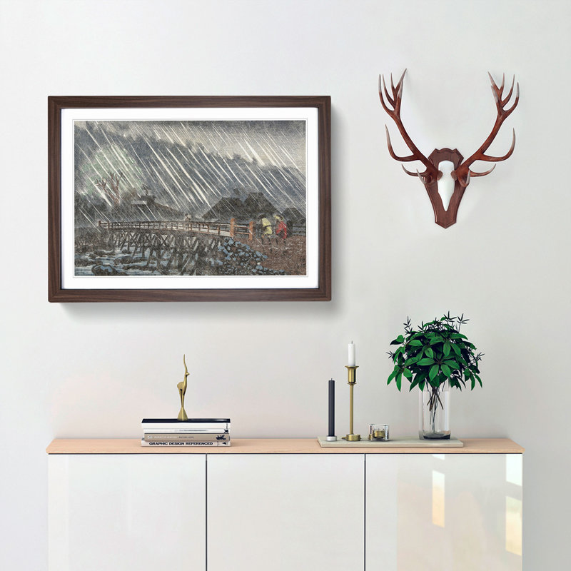 Bridge in the Rain by Kobayashi Kiyochika - Picture Frame Painting Print, 27cm H x 36cm W x 2cm D, Walnut Framed