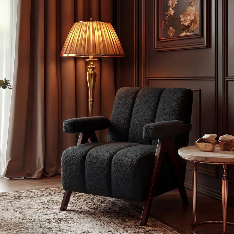 Fauteuil de style Mid-Century rembourré de 27,6 po de large avec pieds en bois massif, Charcoal Black Boucle