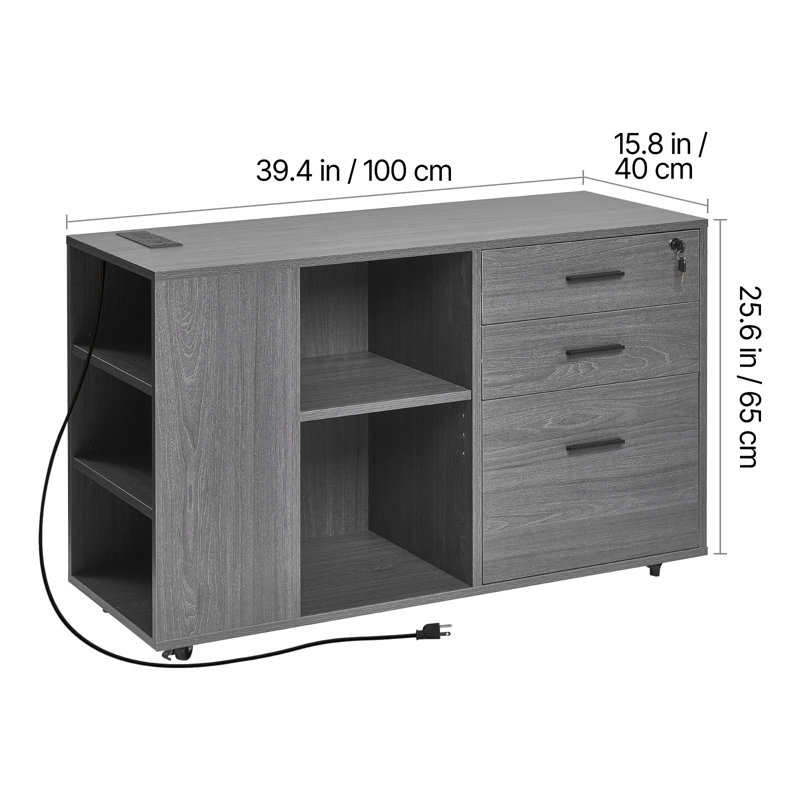 3 Drawer Wooden File Cabinet Mobile Filing Cabinet with Power Strip Gray