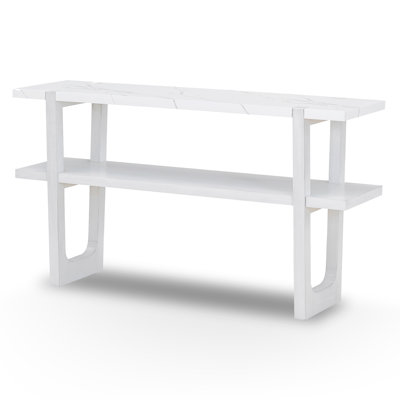 Narrow Console Table with Marble Effect Top, Retro Entryway Table with Open Shelf,Antique White