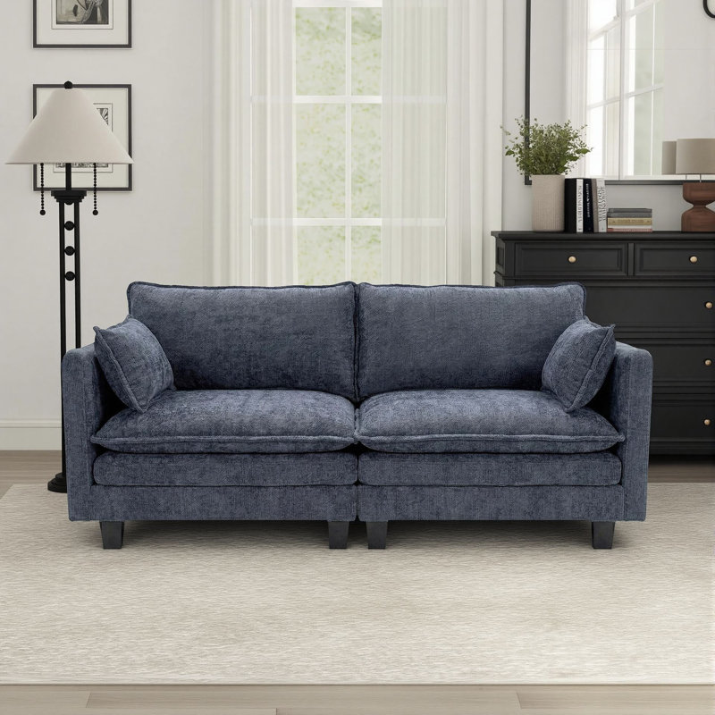 Canapé rembourré en chenille de 74 po avec deux ports de chargement USB pour salon, bureau et appartement, Bleu grisâtre