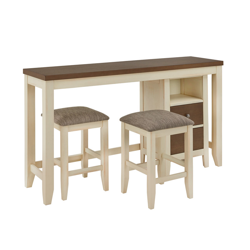 Madalina Dual-Tone Farmhouse Counter Height Dining Set - Table, Storage Unit And 2 Stools. Creamy Off White Finish