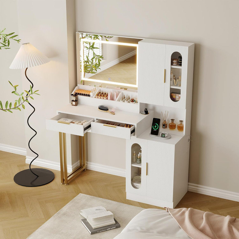 Fluted Makeup Vanity Desk with LED Lighted Mirror, Built-In Charging Station, Drawers & Transparent Storage Cabinets, White
