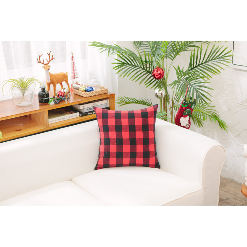 Checkered Cotton Reversible Throw Pillow, Black/Red