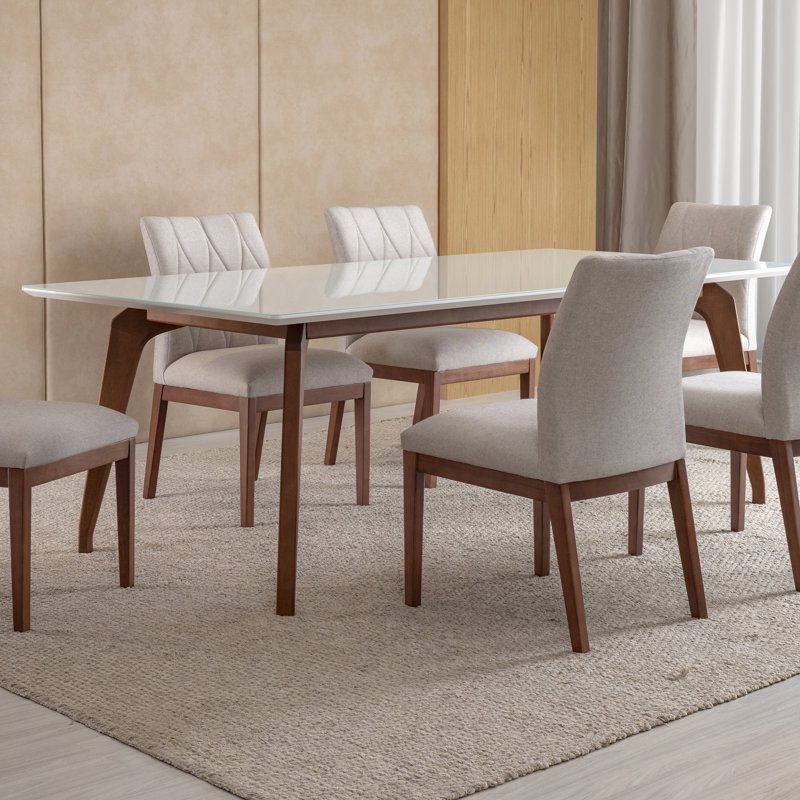 Ena Glass Top Solid Wood Base Dining Table, Off White, 29.5" H x 86.5" L x 43.5" W