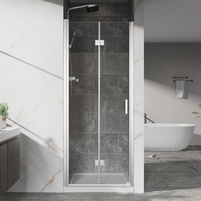Bi - Fold Swing Pivot Shower Door For Small Bathroom, 30Mm Adjustment, Easy Clean And Waterproof 1/4"  6Mm  Clear Tempered Glass With Zinc Alloy Handles Hinges, Reversible Installation, Silent
