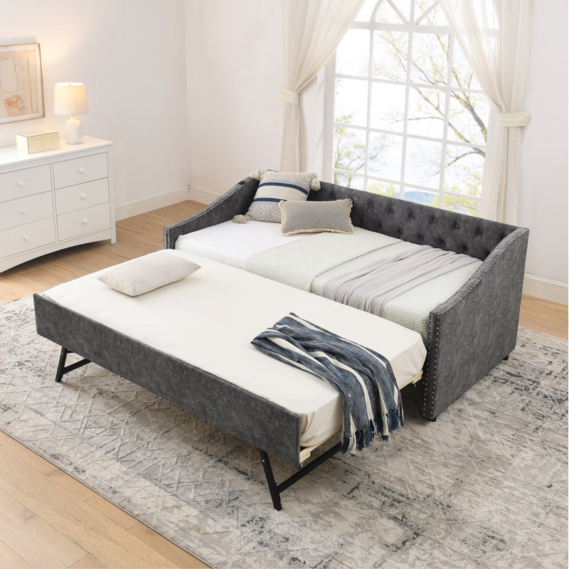 Twin Size Daybed with USB Charging & Pull-out Extendable Bed, with Button on Back and Copper Nail on Waved Shape Arms, Gray