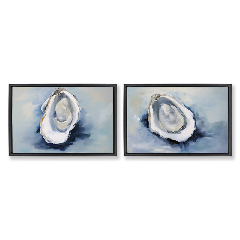 «Open Oyster Mollusk Shells», ensemble de 2 toiles flottantes encadrées par Petal Prints Design, Cadre flottant noir de jais