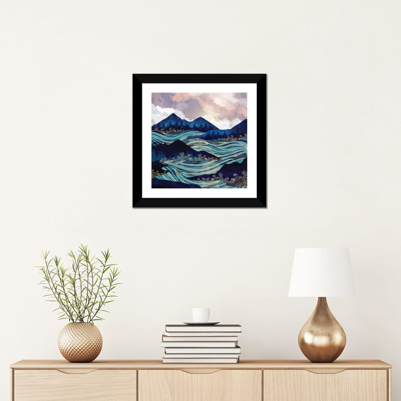 Ocean Sunrise - impression d'art graphique, H 16 po x l 16 po x P 1 po, Blanc, Papier encadré noir