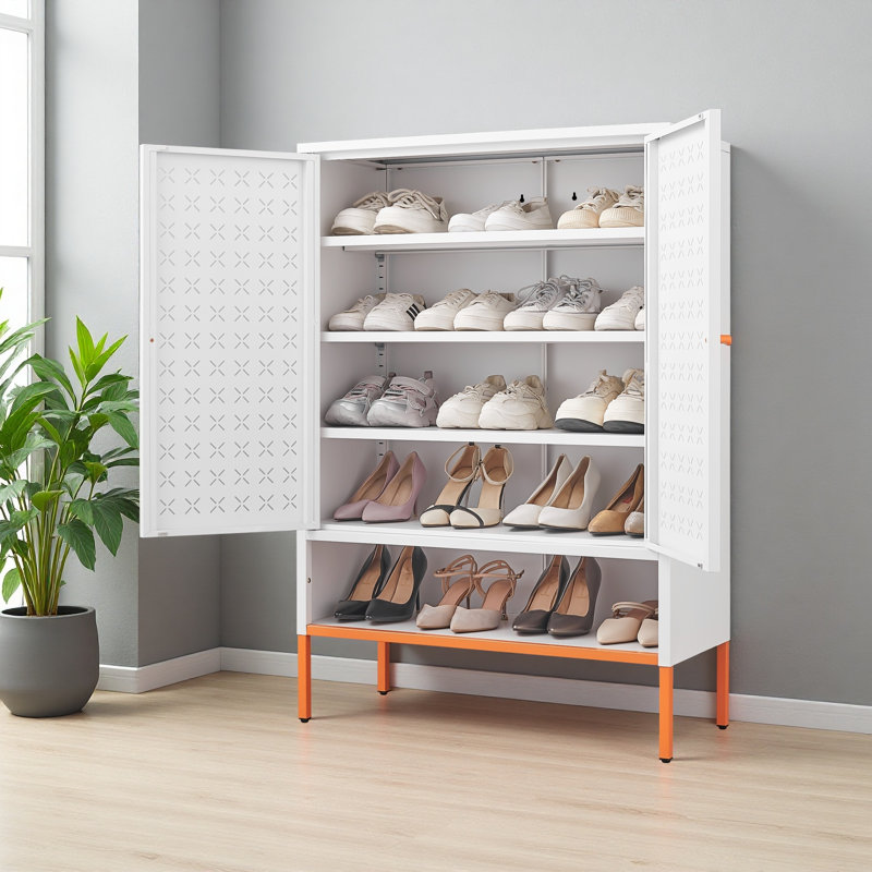 Grid Double Door Shoe Cabinet, Three Adjustable Compartments For Flexible Storage, Suspended Hollow Shoe Changing Compartment, Bottom 15Cm Moisture-Proof High Foot Design